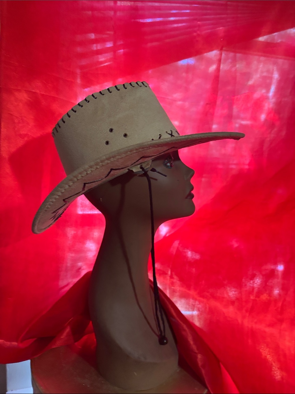 Women's Tan Western-Style Suede Hat with Chin Strap
